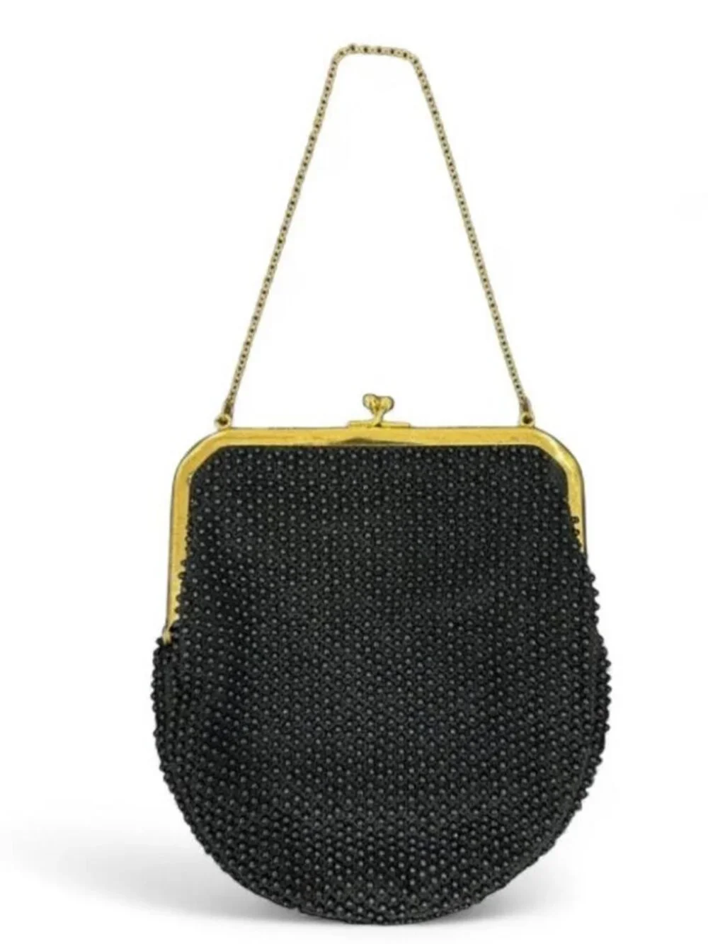 Vintage Lumured Corde-Bead Black Beaded Evening Bag Purse Clutch Made in USA